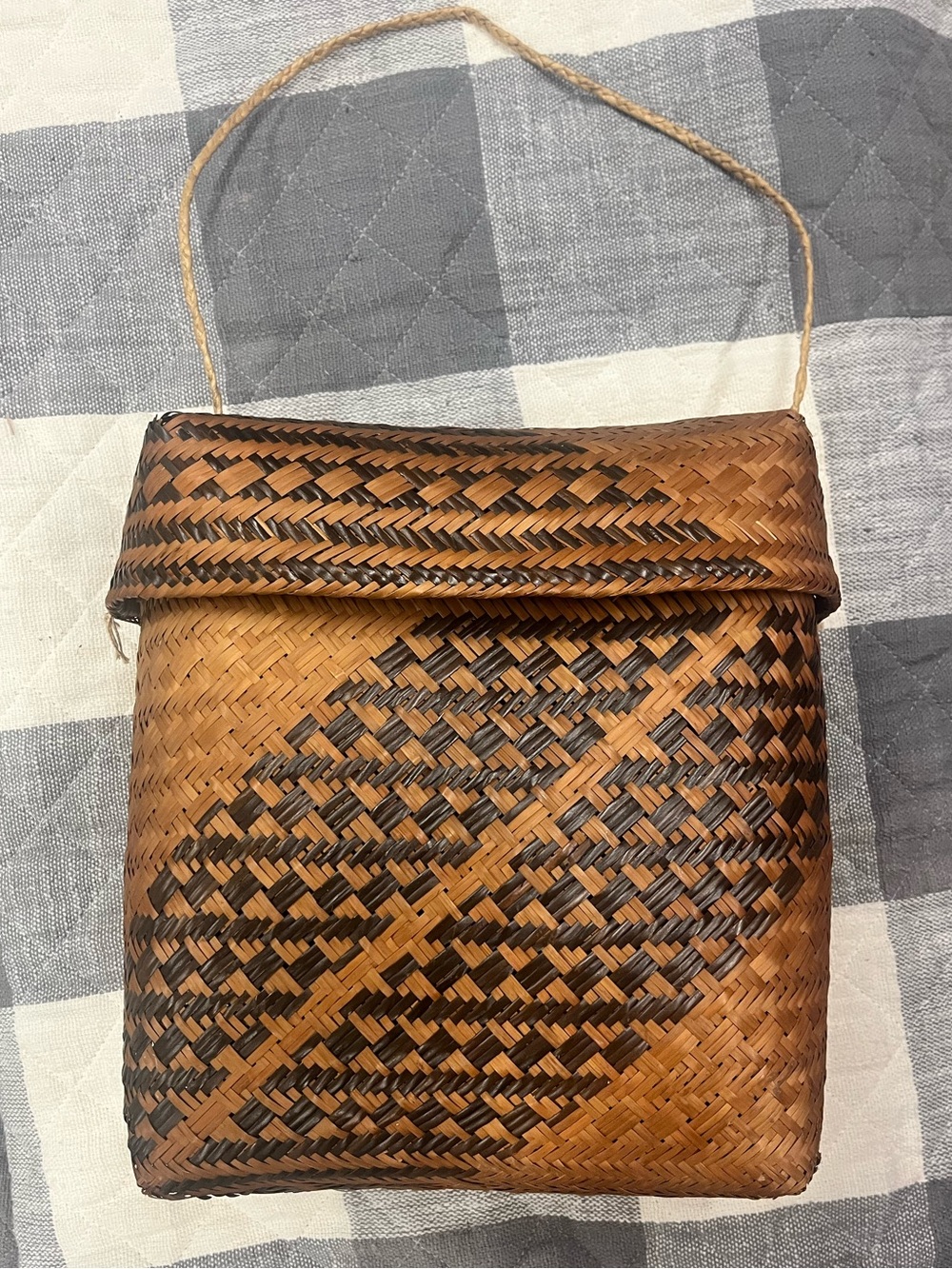 Handwoven Brown Bamboo Shoulder Bag - Natural Pattern
